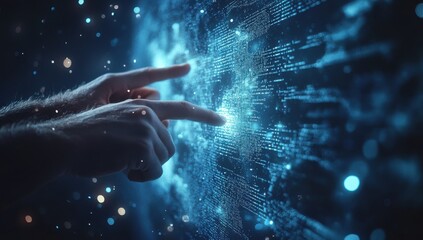 Poster - Futuristic digital interface with hands reaching towards glowing data, exploring advanced technology and virtual environments