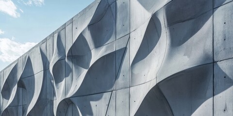 Aufkleber - Modern architectural design showcasing textured reinforced concrete panels with dynamic wave patterns against a blue sky background.