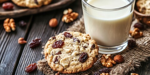 Poster - Close-up of homemade oatmeal cookies with nuts and raisins positioned beside a glass of milk on dark wood background with selective focus.