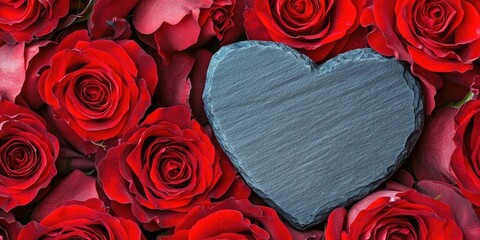 Aufkleber - Slate heart placed centrally among vibrant red roses, creating a romantic composition with rich textures and deep colors.
