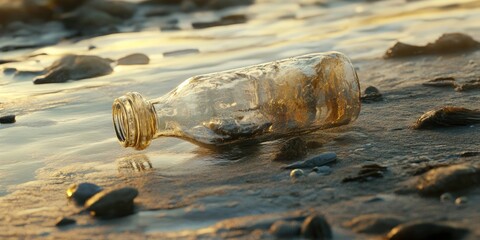 Poster - Glass bottle washed ashore on sandy beach with pebbles at sunset, warm golden hues reflecting off water, creating a serene coastal scene.