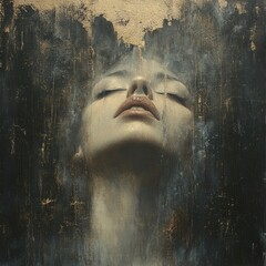 Poster - Surrealist canvas painting of woman's face dissolving into air her expression sad vulnerable Muted desaturated colors soft light hint of gold smooth texture with a grainy dark mysterious background