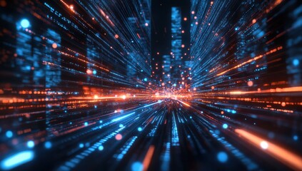 Poster - Futuristic Digital Landscape with Vibrant Blue and Orange Light Trails Simulating Data Flow and High-Speed Connectivity in a City Environment