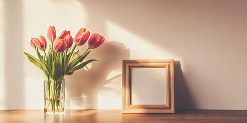 Poster - Vibrant pink tulips in a clear vase bathed in soft sunlight next to an empty wooden frame on a minimalist wooden table against a warm wall