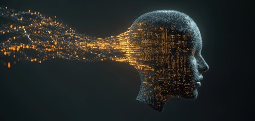 Poster - Futuristic Digital Representation of a Human Profile with Data Flow and Binary Codes Emphasizing Technology, Innovation and Artificial Intelligence Concept