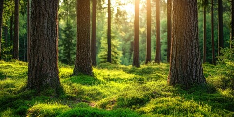 Fototapete - Sunlit forest scene with tall pine trees surrounded by vibrant green moss and soft underbrush, capturing serene natural beauty at dawn.
