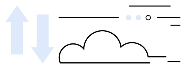 Poster - Cloud icon with blue up and down arrows, dotted elements, and horizontal lines indicating motion. Ideal for cloud computing, data transfer, synchronization, networking, technology services, web