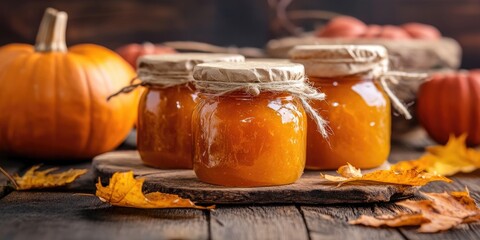 Aufkleber - Homemade pumpkin jam in glass jars on wooden board with autumn leaves and pumpkins in background showcasing warm orange and yellow colors.