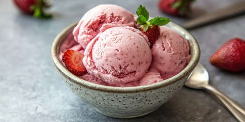 Fototapete - Delicious creamy strawberry ice cream scoops in a textured ceramic bowl garnished with fresh strawberries and a mint leaf on a gray background