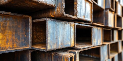 Poster - Rusty steel beams stacked closely, showing weathered textures and warm orange tones in the sunlight, creating an industrial aesthetic.
