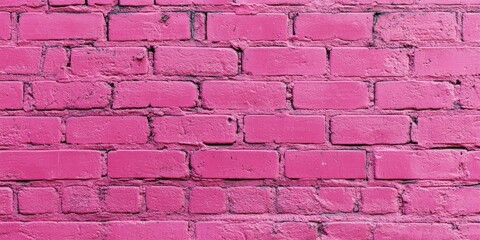 Poster - Vibrant pink brick wall background with a textured surface showcasing a uniform arrangement of rectangular bricks in a horizontal layout.