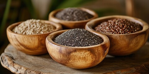 Poster - Bowls of assorted grains including quinoa and chia seeds in organic wooden dishes arranged on a rustic wooden surface with greenery in the background.