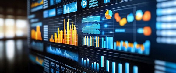 Poster - Financial data analysis screen shows graphs & charts. Office background