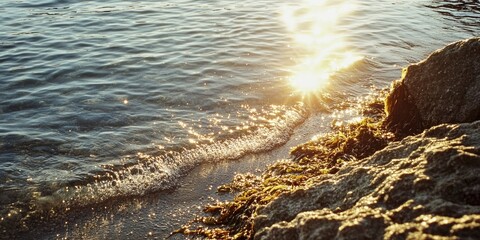 Poster - Sunlight glimmers on calm waters showcasing golden hues on seaweed along a rocky shoreline with gentle waves lapping at the beach.