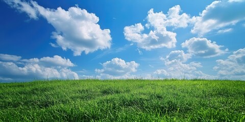 Aufkleber - Vibrant green grassland stretches across the foreground under a vast blue sky filled with soft white clouds in a serene natural landscape.