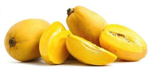 Poster - Fresh tropical yellow fruits arranged on a white background featuring whole and sliced pieces with vibrant yellow hues for visual appeal.