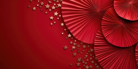 Poster - Elegant red paper fans and gold stars arranged on a deep red backdrop, providing ample space for New Year greetings and creative text layout.