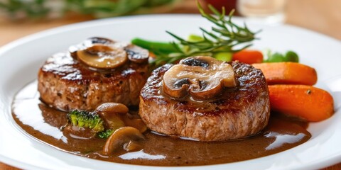 Aufkleber - Tender meat medallions topped with sautÃ©ed mushrooms in a rich brown sauce served with fresh green vegetables and vibrant orange carrots on a white plate