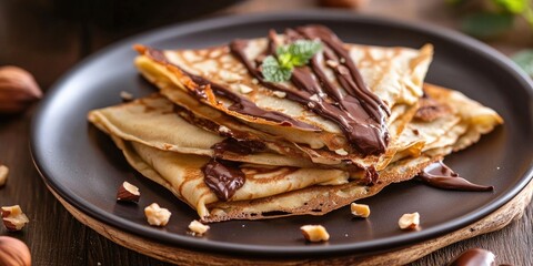 Poster - Delicious thin crepes stacked on a black plate, drizzled with chocolate, sprinkled with hazelnuts and mint leaves, perfect breakfast treat.