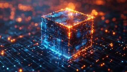 Poster - Futuristic glowing cube in a digital landscape with vibrant blue and orange lights illuminating a complex network of interconnected signals