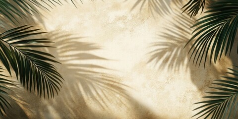 Leinwandbilder - Lush green palm leaves cast soft shadows on a warm textured beige background creating a tranquil tropical ambiance for design use.
