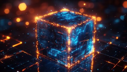 Poster - Futuristic glowing cube with vibrant orange and blue lights, surrounded by a dynamic digital matrix and abstract background for technology and design themes
