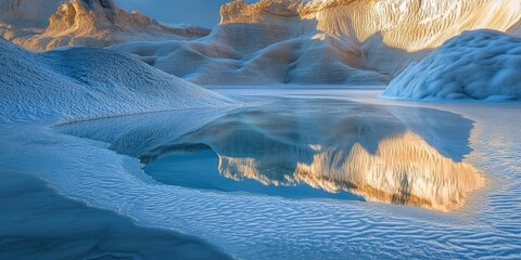 Aufkleber - Serene sand quarry landscape with thin ice covering water surface reflecting textured rock formations and vivid colors in the soft morning light