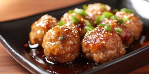 Poster - Delicious homemade Chinese meatballs arranged on a black plate, garnished with green onions and sesame seeds, in a savory sauce.