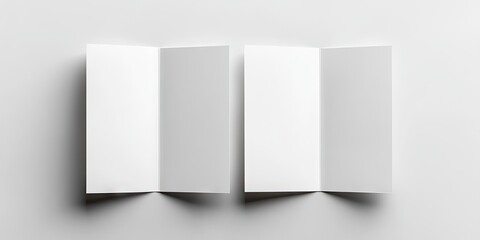 Poster - Blank white tri-fold brochure mockup displayed top view with two open booklets on light gray surface showcasing smooth texture and clean design