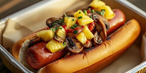 Poster - Delicious hot dog with pineapple and mushrooms in a silver disposable container on a wooden surface highlighting vibrant colors and textures