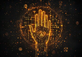 Poster - Futuristic Hand Illustration with Golden Circuit Patterns and Abstract Geometrical Elements on Dark Background