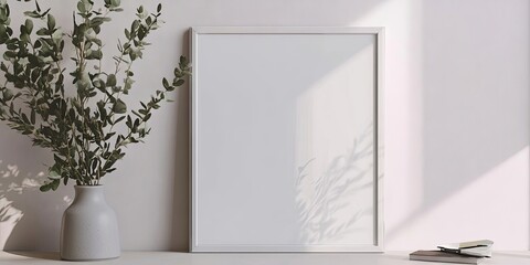 Wall Mural - Minimalist white frame mockup on a light surface with a blank sheet and vase of greenery casting shadows from soft sunlight on the wall.