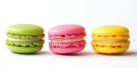 Poster - Vibrant green pink and yellow macaroons elegantly arranged in a row against a clean white backdrop creating a delightful and inviting visual composition