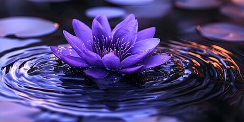 Fototapete - Purple water lily blooming in serene dark water with ripples and lily pads creating a tranquil atmosphere, focusing on delicate petals and harmony.