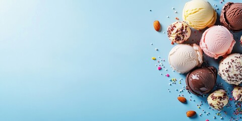 Aufkleber - Assorted ice cream scoops in various colors including chocolate and vanilla on a light blue background with sprinkles and nuts scattered around