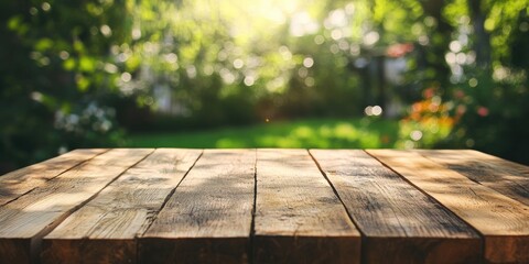 Poster - Textured wooden table surface with blurred green garden bokeh background showcasing sunlight filtering through trees creating a serene atmosphere