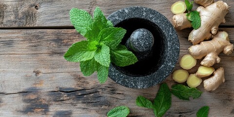 Aufkleber - Stone mortar and pestle placed centrally with green mint leaves and fresh ginger beside it on rustic wooden surface earthy tones ample negative space
