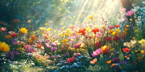 Aufkleber - Vibrant flower meadow with diverse blossoms in pink, yellow, and purple hues illuminated by soft sunlight rays filtering through greenery.