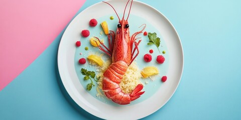 Poster - Artistic seafood dish of a vibrant shrimp on a circular white plate surrounded by raspberries and edible flowers with a contrasting blue and pink backdrop