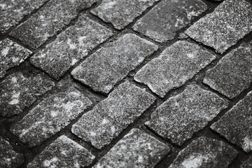 Poster - A classic black and white image of an old brick road with a worn surface.