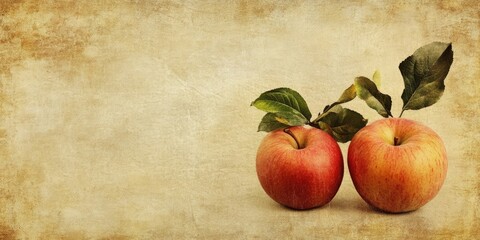 Leinwandbilder - Textured vintage paper background with two red apples and green leaves on the left side against a soft beige backdrop.