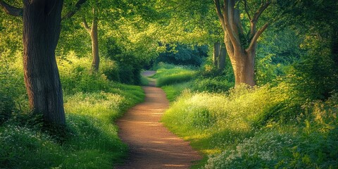 Aufkleber - Serene forest pathway surrounded by lush green foliage and wildflowers, soft sunlight filtering through trees, creating a peaceful ambiance.
