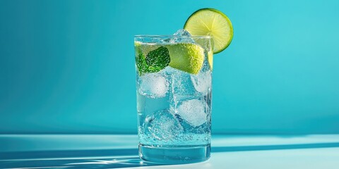 Poster - Refreshing sparkling drink in a clear glass with ice, mint leaves, and lime slice, set against a vibrant turquoise background.