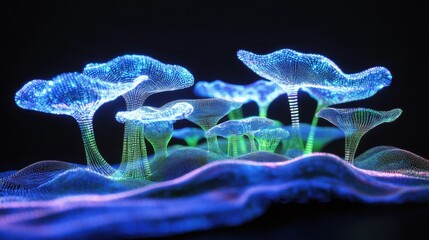Wall Mural - futuristic neon mushrooms against dark background in 3d rendering
