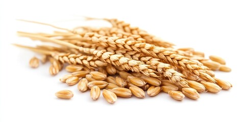 Poster - Golden wheat ears and grains arranged artistically on a white background showcasing warm yellow tones with detailed texture and natural elegance.