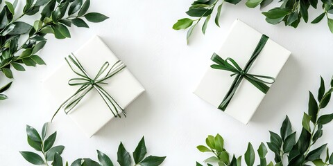 Poster - Elegant white gift boxes adorned with green ribbons, surrounded by lush green boxwood leaves on a white background, perfect for holiday themes.