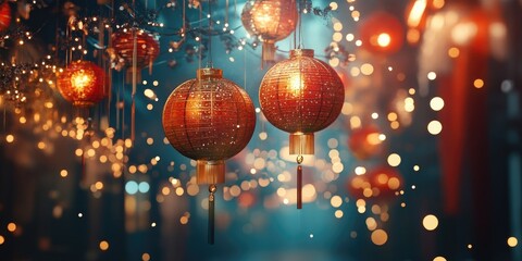 Poster - Illuminated red lanterns hanging in soft focus background with golden bokeh and fairy lights creating a festive atmosphere for celebrations