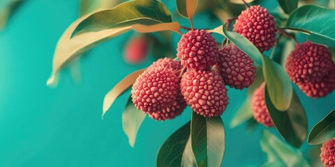Aufkleber - Ripe lychee fruits in clusters on a green background with lush leaves showcasing rich red textured skin and vibrant natural details.