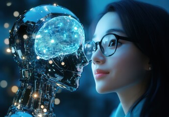 Poster - Futuristic Interaction Between Human and Robot, Exploring Artificial Intelligence and Neural Connections in a High-Tech Environment