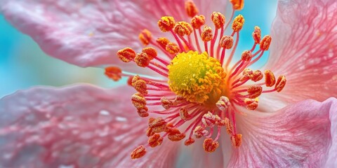 Aufkleber - Close-up of pink flower with yellow center, surrounded by soft blue and vibrant floral backdrop, capturing the essence and joy of springtime.